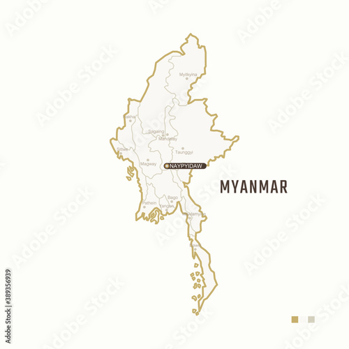 Map of Myanmar with border  cities and capital Naypyidaw. Each city has separately for your design. Vector Illustration