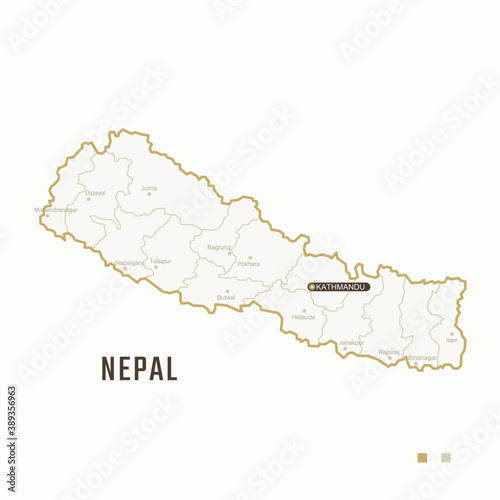 Map of Nepal with border, cities and capital Kathmandu. Each city has separately for your design. Vector Illustration