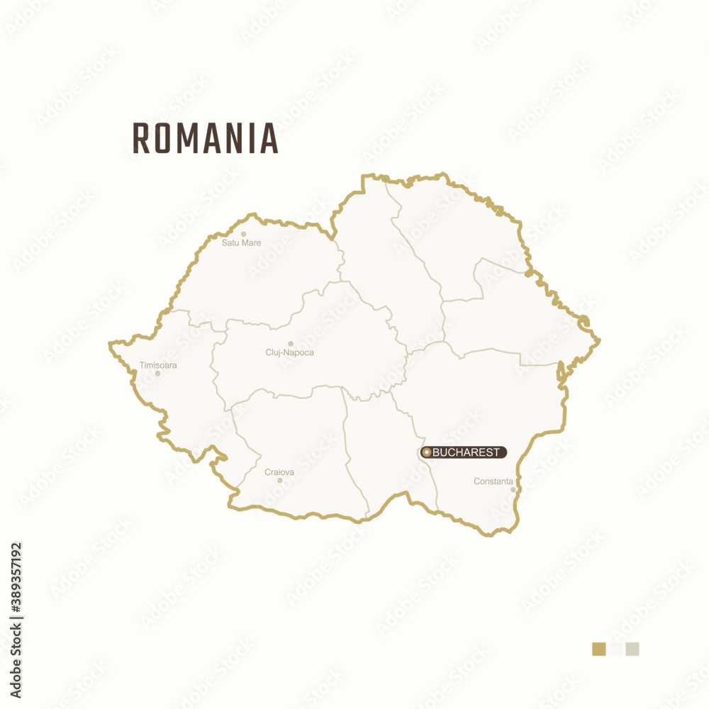 Map of Romania with border, cities and capital Bucharest. Each city has separately for your design. Vector Illustration