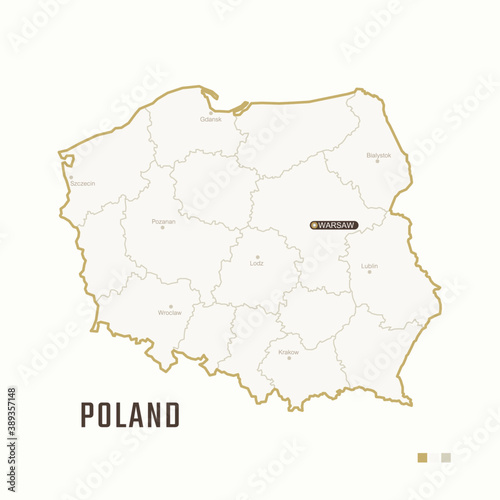 Map of Poland with border  cities and capital Warsaw. Each city has separately for your design. Vector Illustration