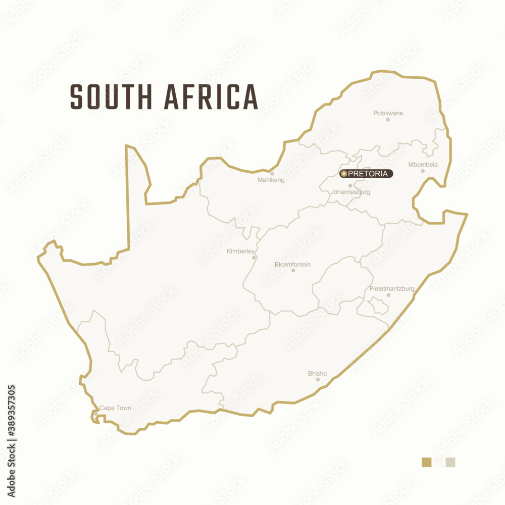 Map of South Africa with border, cities and capital Pretoria. Each city has separately for your design. Vector Illustration