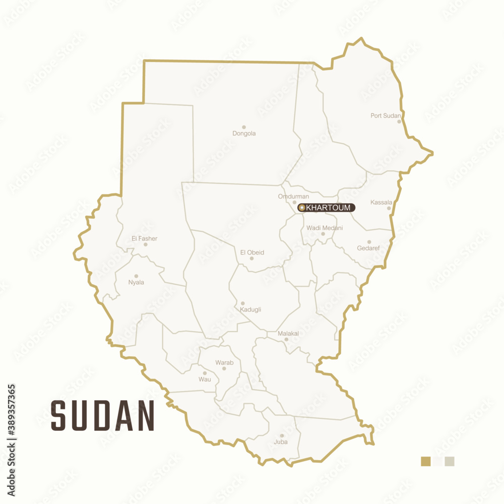 Map of Sudan with border, cities and capital Khartoum. Each city has separately for your design. Vector Illustration