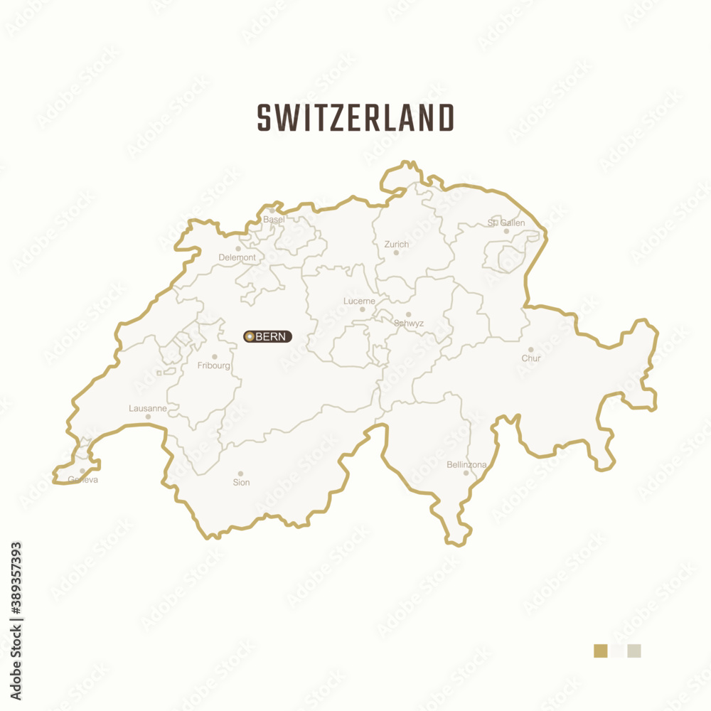 Map of Switzerland with border, cities and capital Bern. Each city has separately for your design. Vector Illustration