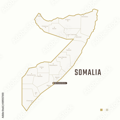 Map of Somalia with border, cities and capital Mogadishu. Each city has separately for your design. Vector Illustration