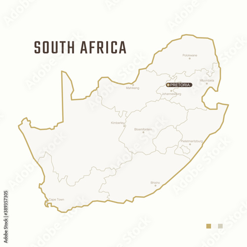 Map of South Africa with border  cities and capital Pretoria. Each city has separately for your design. Vector Illustration