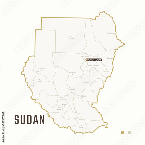 Map of Sudan with border  cities and capital Khartoum. Each city has separately for your design. Vector Illustration