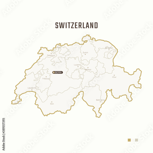 Map of Switzerland with border  cities and capital Bern. Each city has separately for your design. Vector Illustration