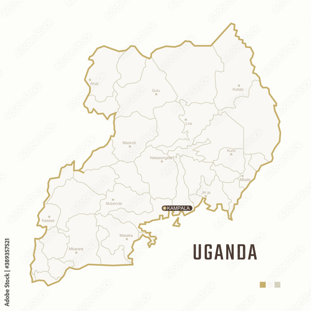 Map of Uganda with border, cities and capital Kampala. Each city has separately for your design. Vector Illustration