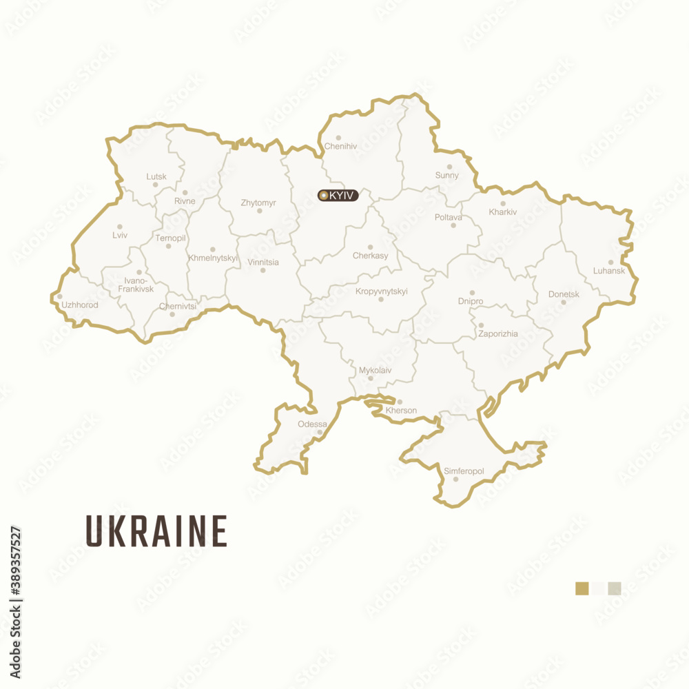 Map of Ukraine with border, cities and capital Kyiv. Each city has separately for your design. Vector Illustration