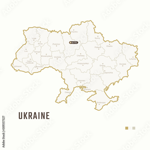 Map of Ukraine with border  cities and capital Kyiv. Each city has separately for your design. Vector Illustration