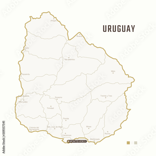 Map of Uruguay with border  cities and capital Montevideo. Each city has separately for your design. Vector Illustration