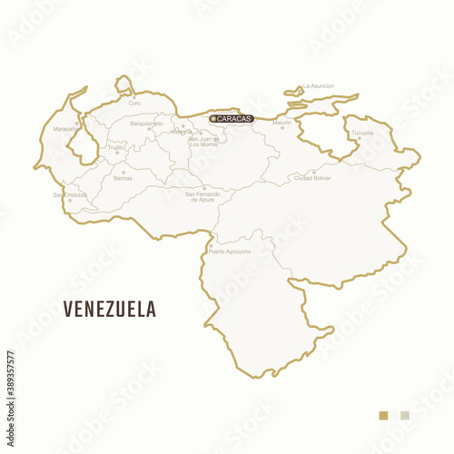 Map of Venezuela with border  cities and capital Caracas. Each city has separately for your design. Vector Illustration