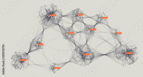 Distributed computing. Big data visual representation. Cluster analysis visualization. Global communication network. Advanced analytics. Social media graph.
