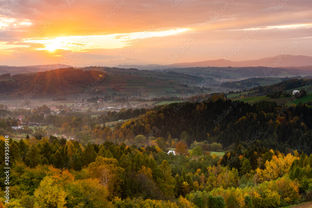 Beautiful Autumnal Sunrise Over Polish Countryside in Lesser Poland at Fall Season