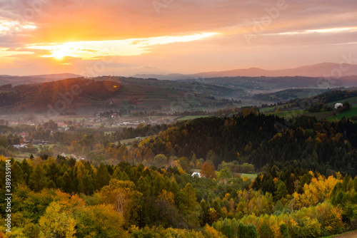 Beautiful Autumnal Sunrise Over Polish Countryside in Lesser Poland at Fall Season