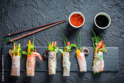 Healthy spring rolls served...