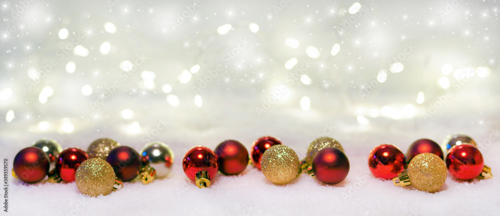 Christmas background with christmas baubles, snow and stars, banner, header, headline, panorama