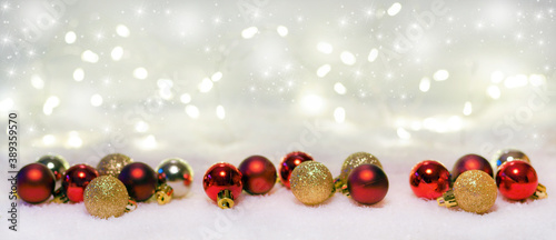 Christmas background with christmas baubles, snow and stars, banner, header, headline, panorama