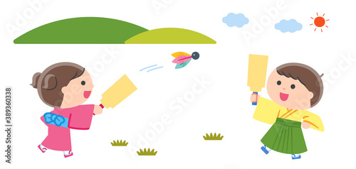 着物姿で羽根つきをする子どもたち / 輪郭線なし