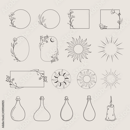 Collection of vector logo design elements, decorative geometric floral frames, borders, wreaths, sunburst, rays, beams, bottles, elegant illustrations. Trendy Line drawing, lineart style
