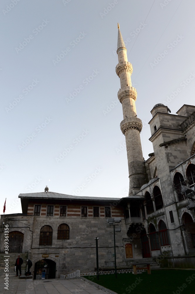 Minaret of the Sultanahmet Blue mosque in evening Istanbul