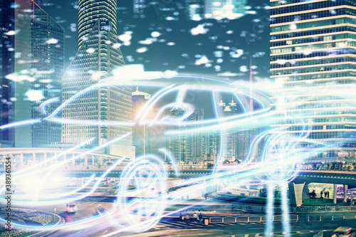 Wallpaper Mural Double exposure of transport theme hologram drawing and city view background. Concept autopilot. Torontodigital.ca