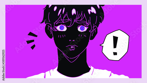 Hand drawn illustration with comic strip anime boy with speech bubble. Cool trendy print for t-shirt, wall poster, notebook cover. 