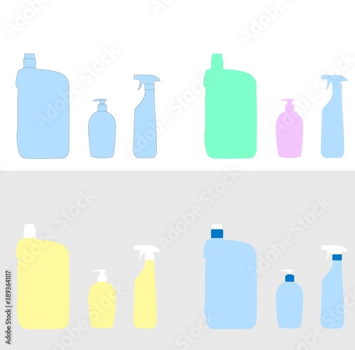 Vector set of cleaning supplies. Cartoon detergent bottles. Four different kinds. Bright colors. Vector illustration EPS 8.