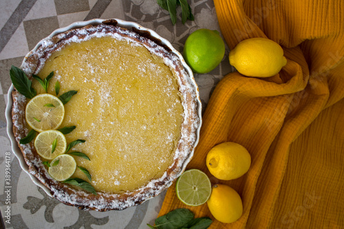 Sweet pie with lemons. Close up photo of homemade dessert tart. Healthy eating concept. 