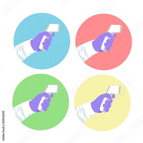Body temperature check. Covid-19 checkpoint in public area. Doctor detecting symptoms of coronavirus with contact-less thermometer. Vector icon set.
