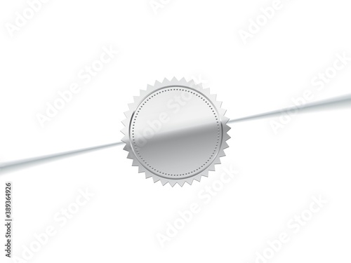 Glued silver sticker on envelope. Chrome stamp logo vector illustration. Quality certificate on vip letter. Realistic round symbol, vintage mail seal isolated on white background.