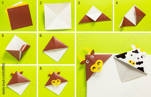 Step-by-step photo instructions on how to make a bookmark for a book in the form of a brown bull from paper with your own hands. Symbol of the new year 2021. Simple crafts with children. Origami