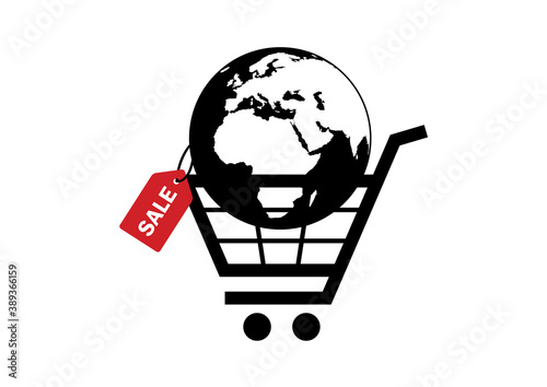 Planet earth in a shopping cart icon vector. Planet earth with discount label icon vector. Planet earth with red sale tag symbol. Consumption clip art isolated on a white backgroud