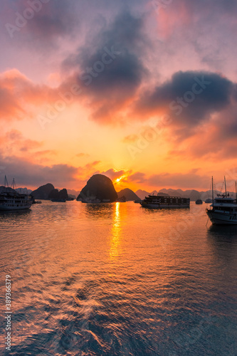 Amazing sunset over Ha Long Bay, Vietnam