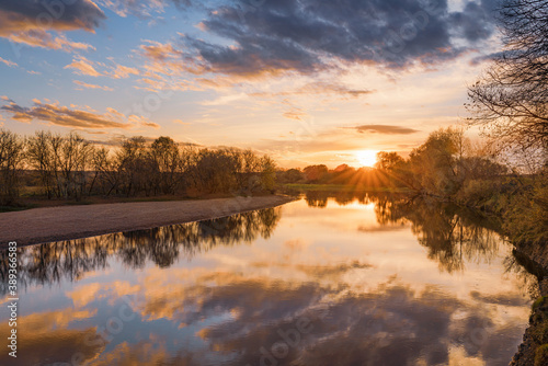 Autumn sunrise over the river in Moscow Region  Russia
