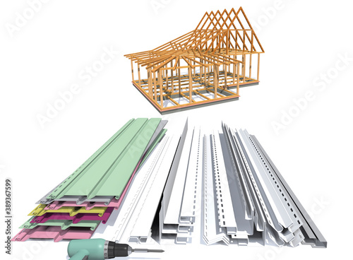 Frame of a wooden house and modern finishing materials (3d illustration).