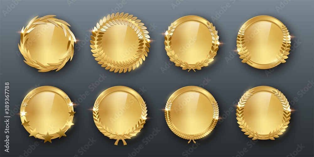 Award golden blank medals 3d realistic illustration. First place medals with laurel leaves. Certified. Quality blank, empty badge, emblem set. Award golden blank medals 3d realistic illustration. First place medals with laurel leaves. Certified. Quality blank, empty badge, emblem set.