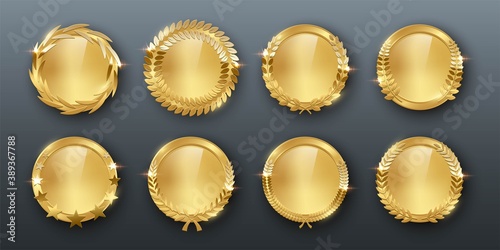 Award golden blank medals 3d realistic illustration. First place medals with laurel leaves. Certified. Quality blank, empty badge, emblem set.