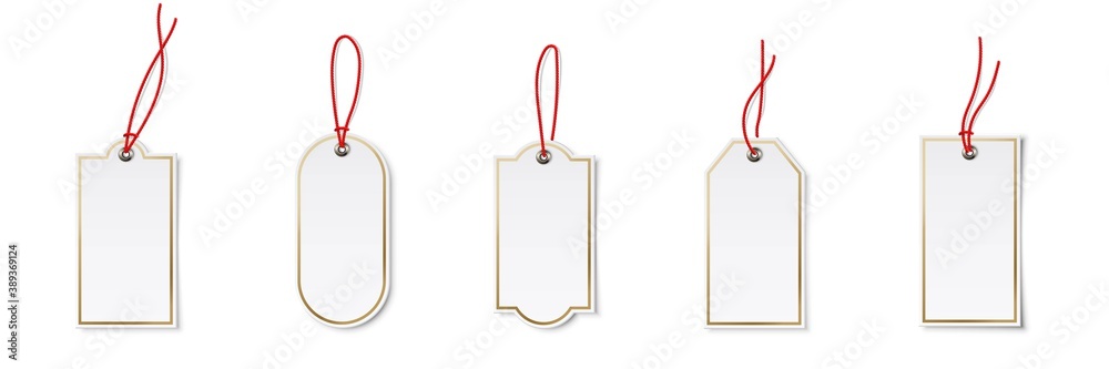 Price or label tags mockup template set. Blank cards with red strings for gifts or sales with different shapes: ellipse, rectangle. Empty stickers with red frames vector illustration