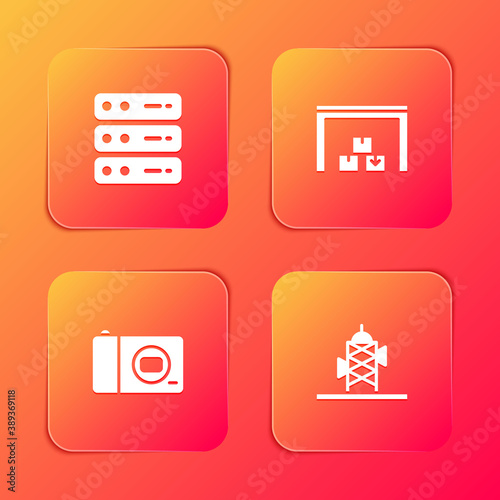 Set Server, Data, Web Hosting, Warehouse, Photo camera and Antenna icon. Vector illustration