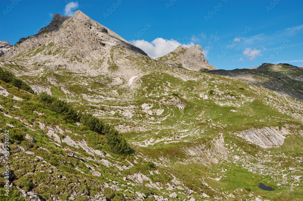Lonely mountain landscape with rocks. Beautiful mountain landscape in the alps. Travel destinations in Austria.