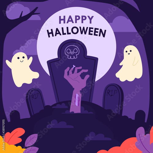 Halloween background with zombie hand and cemetery view. Vector illustration, cute cartoon banner 