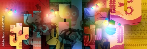 Day of the Dead poster with cactuses, lighting garlands and spirit shadows of skeletons. Template for print, web, social media. Vector illustration.
