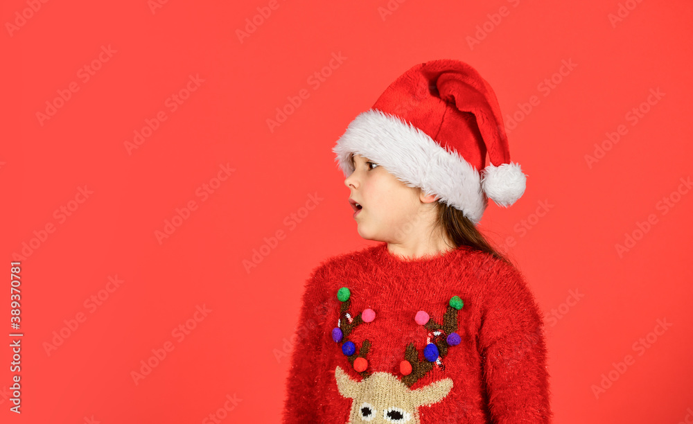 christmas my favorite holiday. love winter holidays. in xmas mood. little santa helper show thumb up. small girl santa claus hat red background. copy space. ready new year party. Christmas Shopping