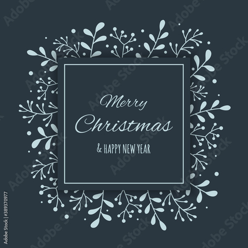 Christmas greeting card with wreath of mistletoe branches. Xmas wishes. Vector
