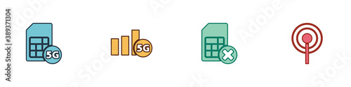 Set 5G Sim Card, network, card rejected and Antenna icon. Vector.