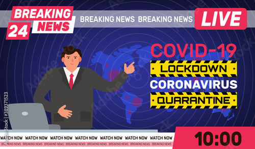breaking news coronavirus covid 19  lockdown quarantine online live tv internet translation newscaster in studio vector illustration