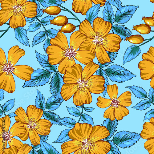 Seamless vector pattern with dog rose flowers. Yello9w flowers on blue background. 