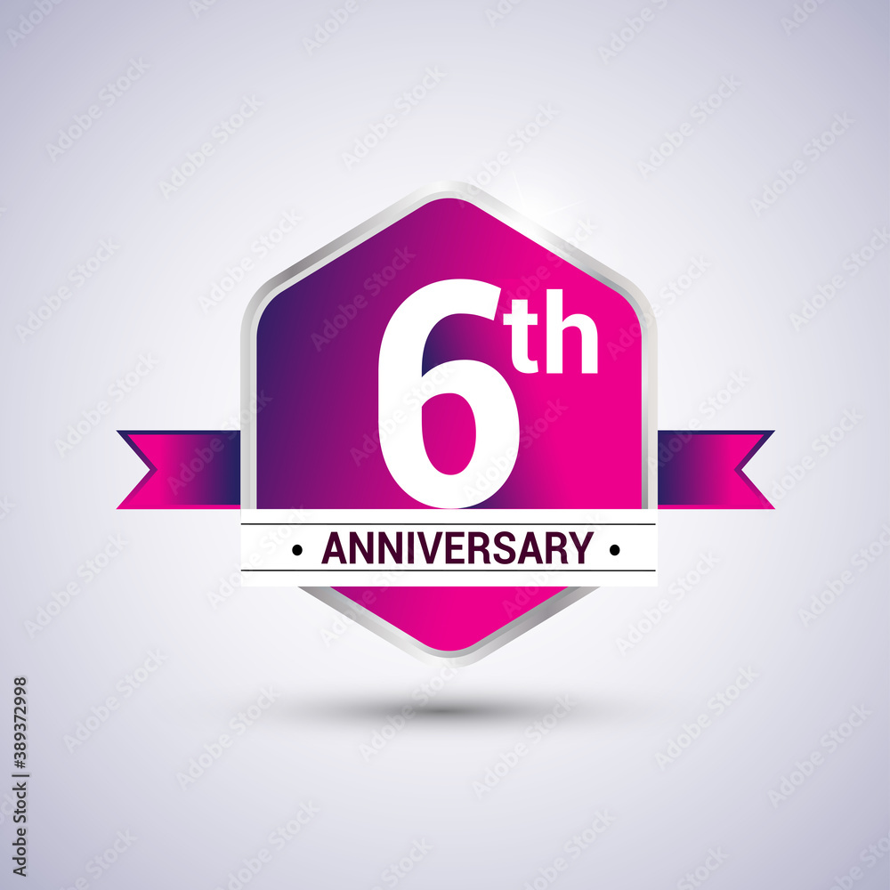 Logo 6th anniversary celebration isolated in red hexagon shape and red ribbon colored, vector design. Logo 6th anniversary celebration isolated in red hexagon shape and red ribbon colored, vector design.