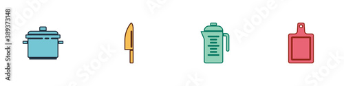 Set Cooking pot, Knife, Teapot and Cutting board icon. Vector.